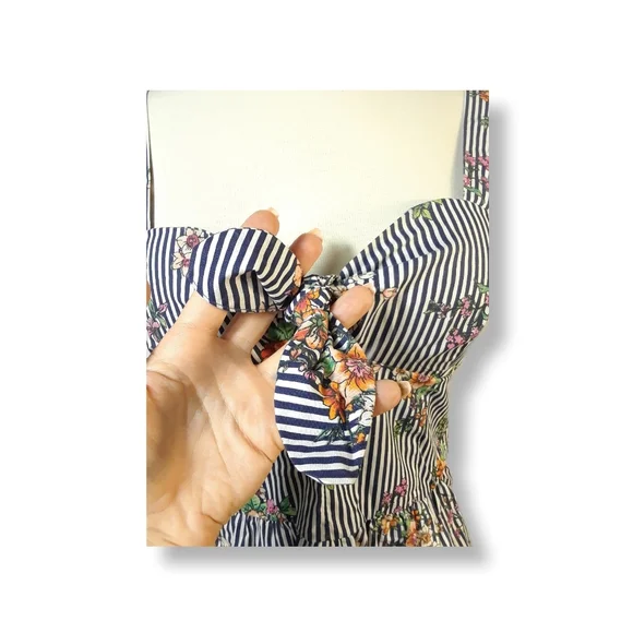 Iris Striped Tank Top Womens Fit & Flare Sleeveless Floral Bow Padded Low Cut-L - Picture 6 of 16